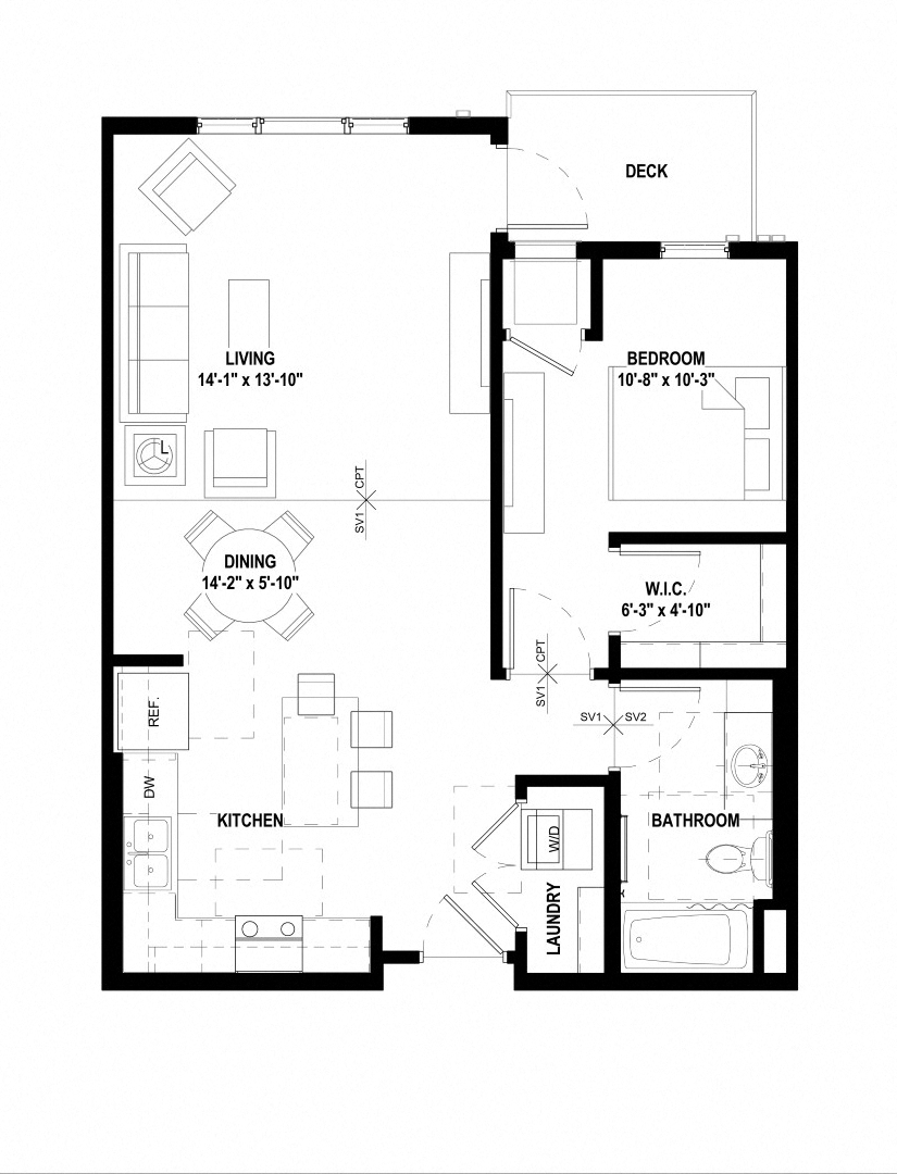 Floor plan for 1 bed, 1 bath, 797 sqft